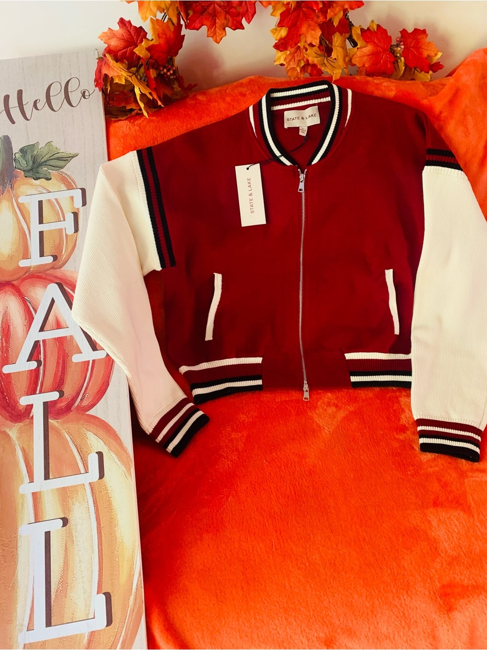 State & Lake Varsity Jacket Blake Burgundy White Black Sweater Large Collegiate